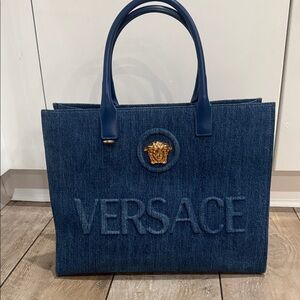 Versace Dark Blue Denim Tote with Gold Medusa